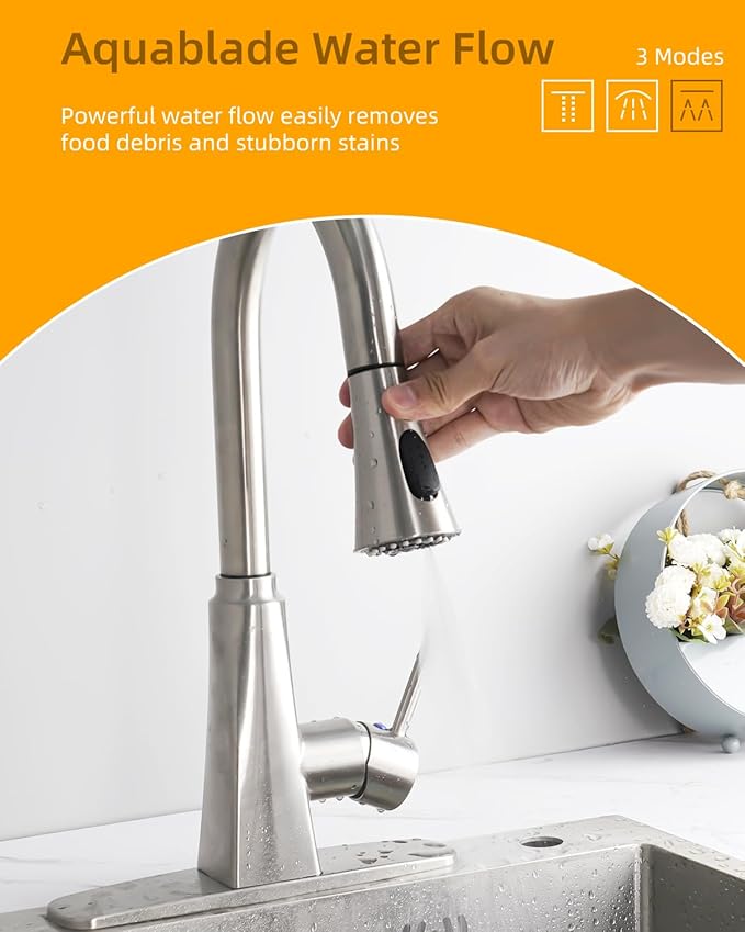 Hibbent Kitchen Sink Faucet Head Replacement, NSF/ANSI/CAN 61 & CUPC Certified, 3-Function Pull Down Sprayer Nozzle with 15 Adapters, Compatible with Delta, Kohler, Moen Faucets, Brushed Nickel