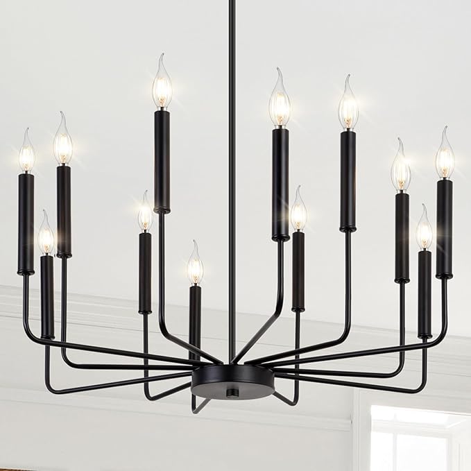 Qamra Modern Farmhouse Black Chandelier for Dining Room, 12-Light Candle Chandelier Light Fixture, Rustic Industrial Hanging Chandeliers Lighting for Living Room, Kitchen, Staircase, Entryway, Foyer