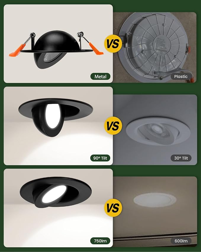 ZYC Gimbal LED Recessed Lighting - 3 Inch 5CCT 7W 360° Rotation Adjustable Eyeball Light,LED Swivel Spotlight,Directional Sloped Ceiling Light,Dimmable Canless Wafer Downlight Pack of 6 Black.