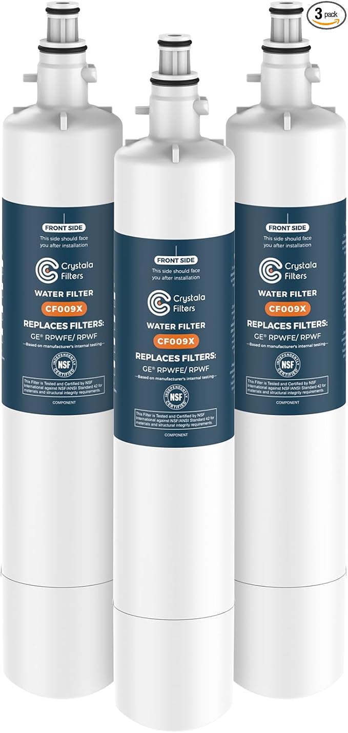 Crystala Filters Replacement for GE® RPWFE, RPWF (with CHIP) Refrigerator Water Filter, Compatible with WSG-4, WF277, GFE28GMKES, PFE28KBLTS, GYE22HMKES, DFE28JSKSS, GFE28GYNFS, GFD28GYNFS, 3 Pack