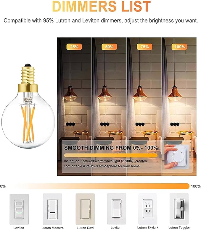 G16.5 E12 Globe Bulbs 6W Dimmable Candelabra Light Bulb 60 watt E12 Round 2700K Warm White Globe Bulb for Chandeliers,Ceiling Fan,Pendant,Wall sconces,AC120V,Clear Glass,600LM,6Pack