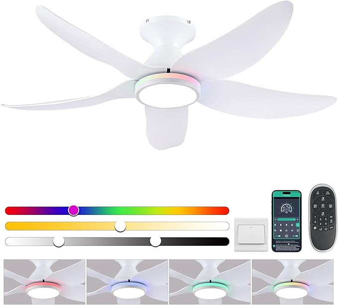 46" Ceiling Fans with Lights Remote/APP Control, Low Profile Ceiling Fans with Dimmable White Colors+Ring RGB Lights, 6 Speeds 5 Reversible Curved Blades for Kids Room Bedroom Living Room Bar, White