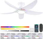 46" Ceiling Fans with Lights Remote/APP Control, Low Profile Ceiling Fans with Dimmable White Colors+Ring RGB Lights, 6 Speeds 5 Reversible Curved Blades for Kids Room Bedroom Living Room Bar, White
