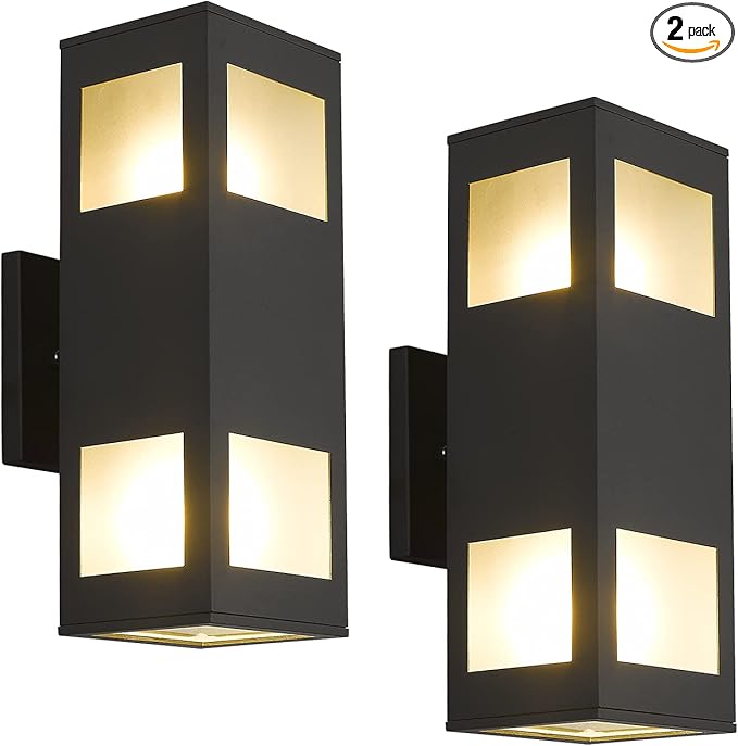 harriet Porch Lights Outdoor Modern - IP64 Waterproof Aluminum and Tempered Glass Cover, 13" Rectangular Up/Down Wall Sconce for Porch, Garage & Patio, Exterior Lighting, Black, 2 Pack