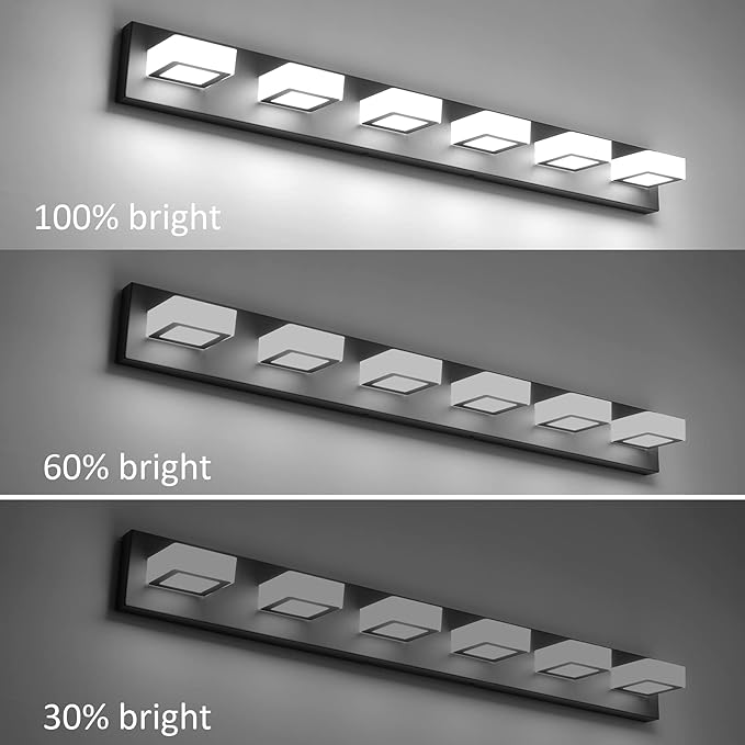 Ralbay 6 Lights LED Modern Dimmable Matte Black Vanity Light Acrylic Modern Vanity Wall Light Over Mirror Dimmable Bathroom Vanity Lighting Fixtures 6000K Cool White Light