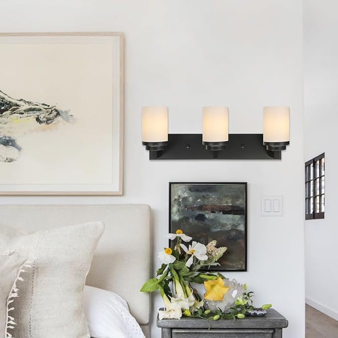 TODOLUZ Wall Sconce Lighting Over Mirror, 3-Lights Matte Black Bathroom Vanity Light Fixtures with Opal White Glass, Wall Mount Bath Light for Dressing Table Hallway Bedroom