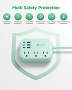 6 USB(3 USB C) Green Travel Power Strip- 5Ft Green Extension Cord with 6 USB Charging Station 24W and 3 Outlets, Cute Desk Accessories for Cruise Travel Kawaii Home Office Dorm Room
