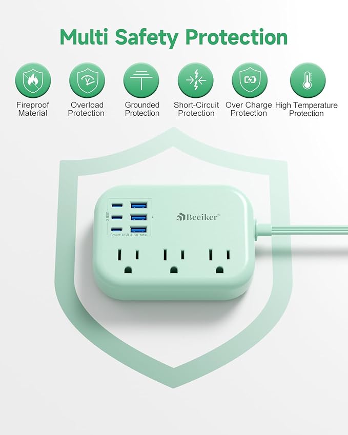 6 USB(3 USB C) Green Travel Power Strip- 5Ft Green Extension Cord with 6 USB Charging Station 24W and 3 Outlets, Cute Desk Accessories for Cruise Travel Kawaii Home Office Dorm Room