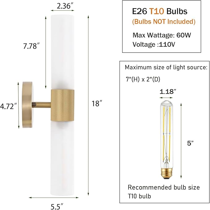Gold Knurled Texture Wall Sconce Frosted Glass Shade Modern Bathroom Vanity Light Fixtures 2-Lights Mid Century Wall Light for Mirror Living Room Hallway E26 T10 Bulbs(Excluded)