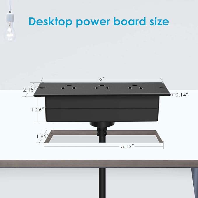 Conference Recessed Power Strip Socket Waterproof,Furniture Recessed Power Strip,Flush Mount with 3 Outlets,6ft Extension Cord with Flat Plug