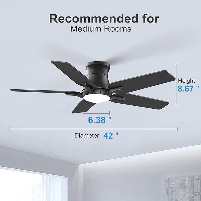 42 Inch Black Ceiling Fans with Lights and Remote, Flush Mount Low Profile Ceiling Fan for Bedroom, Living Room, Patio, Dimmable 6 Speeds Noiseless Reversible, ETL Listed