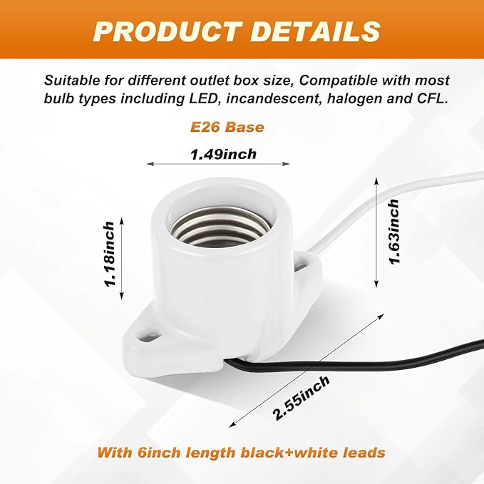 1 Pcs E26 Light Socket Porcelain Lamp Holder Socket Medium Keyless Threaded Base with Two Hole Flange Mounting and 6" Wire Indoor Garage Closet Lighting