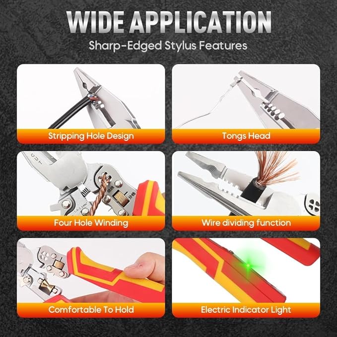 8-in-1 Wire Stripper Tool | 1000V Voltage Tester + Crimper/Cutter | 10-24 AWG Electrical Pliers with Non-Slip Grip (ETL Certified)