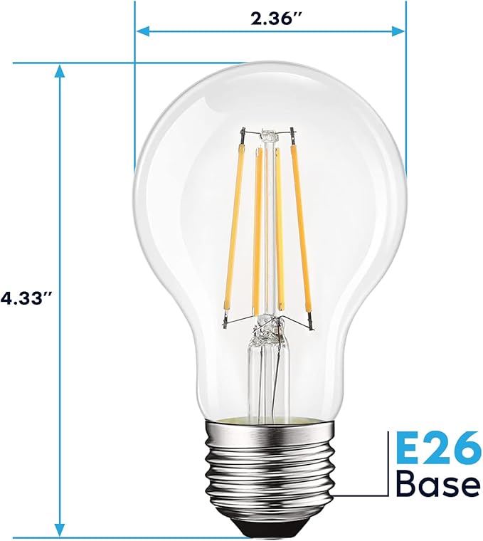 LUXRITE Vintage A19 LED Light Bulbs 60W Equivalent, 2700K Warm White Dimmable, 800 Lumens, Standard LED Edison Bulb 8W, UL Listed, E26 Base (6 Pack)