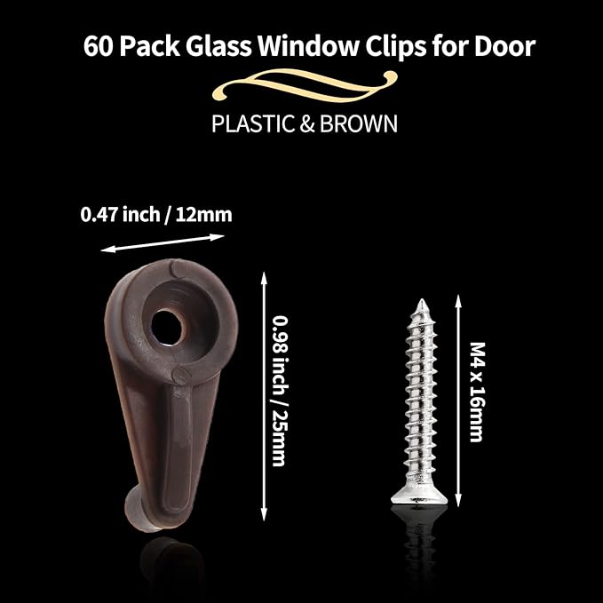 60 Pack Glass Window Clips Brown Retainer Clips, Glass Door Holder Cabinet Panel Bracket Screen Fixing Clips, Glass Door Retainer Kit Mirror Hanging Hardware for Vanity Mirror Window Screen