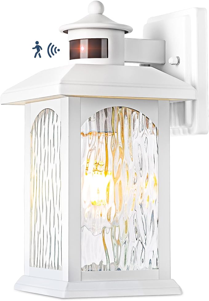 Motion Sensor Outdoor Wall Sconce, White Dusk to Dawn Motion Sensor Lighting, Smart & Waterproof Wall Lights & Exterior Light Fixture, Porch Lights with Rippled Glass for Garage House