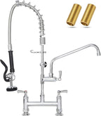 27" Height Commercial Sink Faucet Deck Mount with Pre-Rinse Sprayer, Commercial Kitchen Faucet with 10" Add-on Swing Spout Faucet & Spring Pull Down Sprayer, 8" Adjustable Center Kitchen Faucet