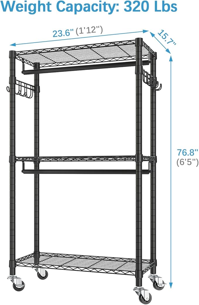 VIPEK R2 Mini Rolling Clothes Rack Heavy Duty Clothing Rack for Hanging Clothes Adjustable Portable Closet Metal Clothes Racks with Wheels Double Rods Side Hooks, Freestanding Garment Rack, Black