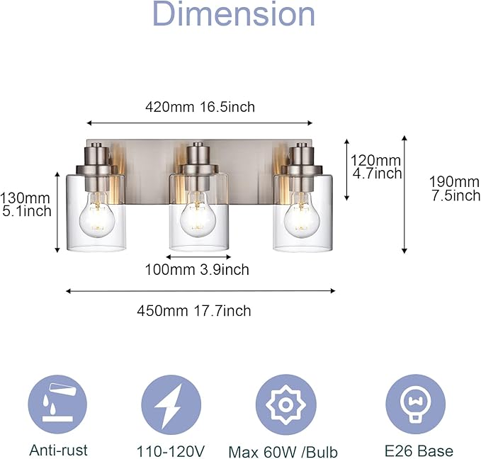 3 Light Bathroom Vanity Light - Brushed Nickel, Modern Farmhouse Style with Clear Glass Shade, Over Mirror Lighting Fixture