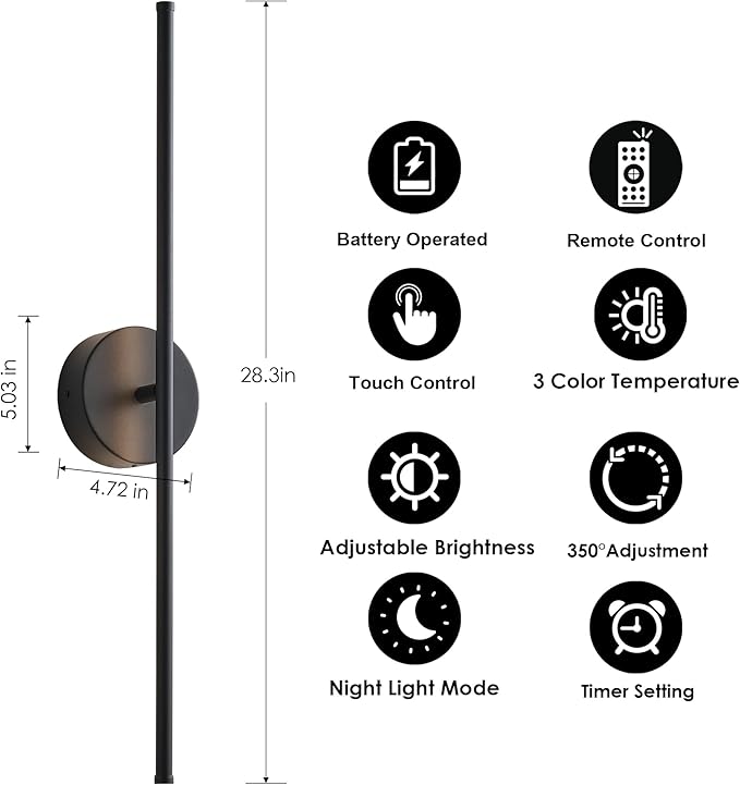 Removable Battery Operated Wall Sconces with Remote Control 350°Rotate LED Wireless Wall Lights with 3 Color Temperatures & Dimming for Bedroom, Hallway,28.3 Inch (2 Pack)