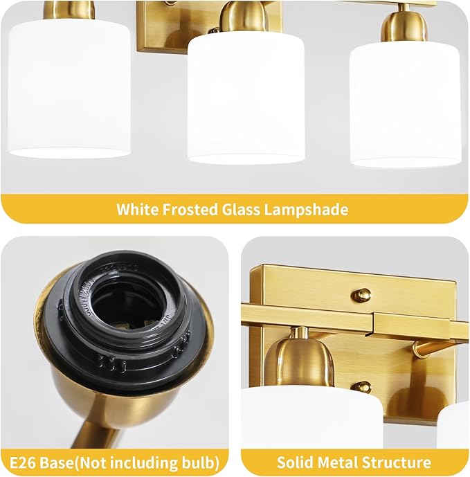 6 Light Gold Bathroom Vanity Light for Large Mirror, Gold Vanity Lights for Bathroom with Milky White Frosted Glass Shades, 38 inch Wall Lamp for Mirrors Living Room E26 Base