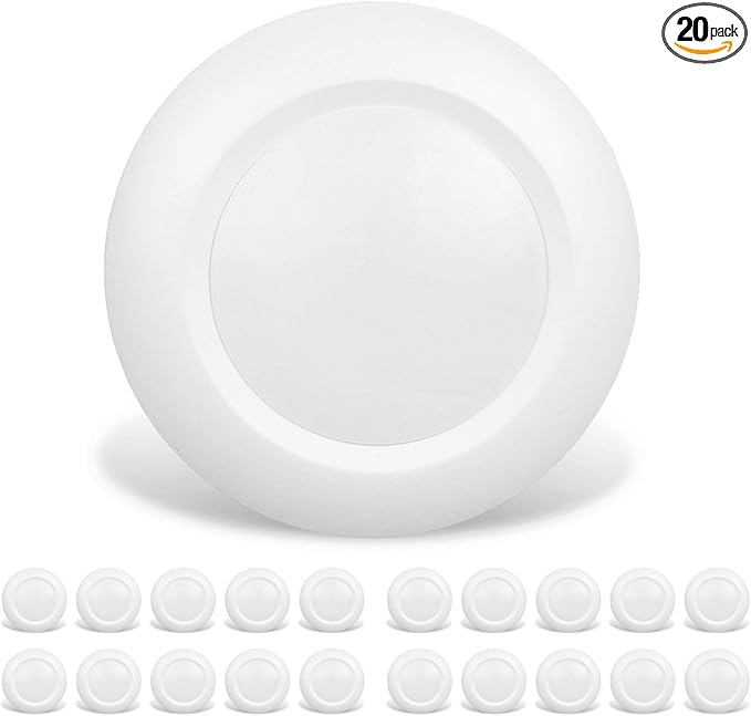 20 Packs 6 Inch LED Low Profile Recessed & Surface Mount Disk Light, Round, 15W, 900 Lumens, 5000K Day Light White, CRI80, Driverless Design, Dimmable, ETL Listed, White