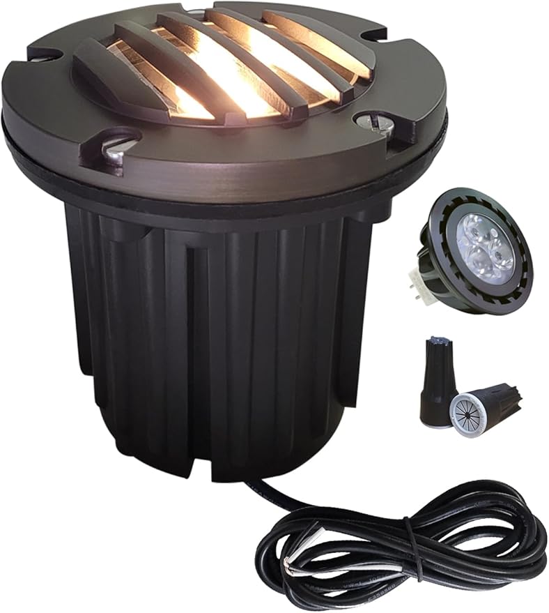 Low Voltage Landscape Lighting,(5''H) Brass Top Cover Outdoor In Ground Lights, 12V Landscape Well Ground Lights for Pathway, Driveway and Garden 1 Pack with MR16 Bulb (Grated Top, 1-pack with Bulb)