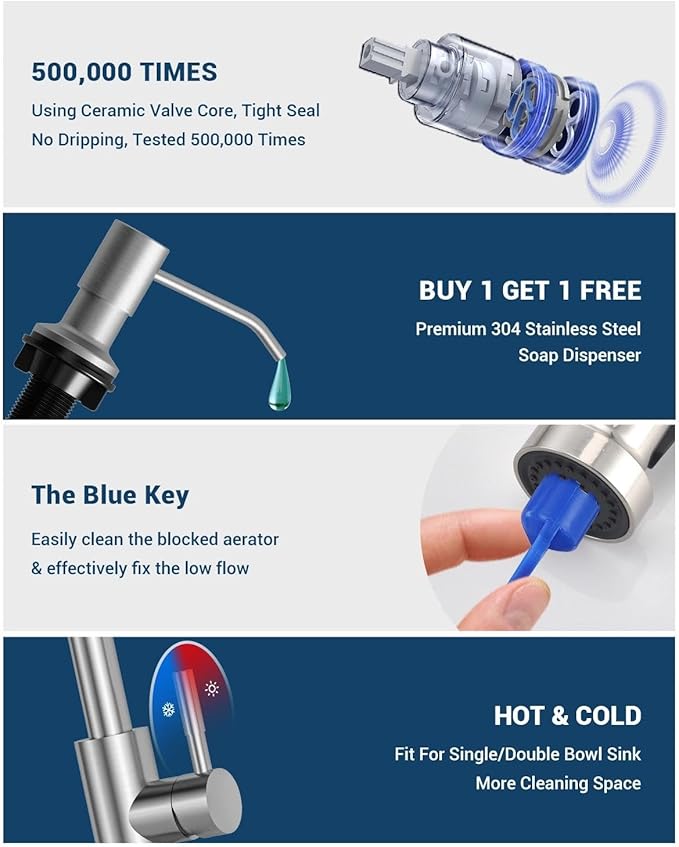 APPASO Kitchen Faucet with Soap Dispenser Brushed Nickel, Pull Down Commercial Single Handle High Arc Faucet for Sink, Stainless Steel Kitchen Faucet for Sink 2 or 4 Hole