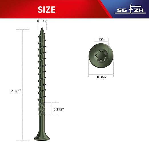 #10 x 2-1/2" Deck Screws (71Pcs) 1lb. Carbon Steel, Green, Flat Head, Rust Resistant epoxy Coated, with T25 Star Bit