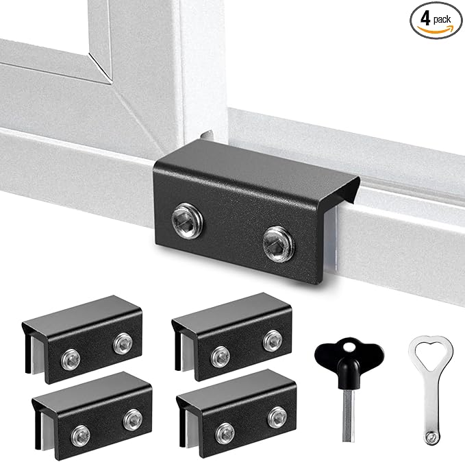 Window Locks for Up and Down Windows 4 Pack Window Stopper Sliding Window Lock for Vertical Horizontal Sliding Windows Doors with Key Aluminum Window Security Locks Child Proof(Black Large)