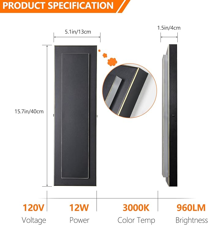 tewei 2 Pack LED Outdoor Wall Lights, 15.7'' Modern Outdoor Indoor Wall Sconce Large Exterior Lighting Fixtures Outside Front Door Lights for House, Hallway, Warm White 3000K, Black with Gold Finish