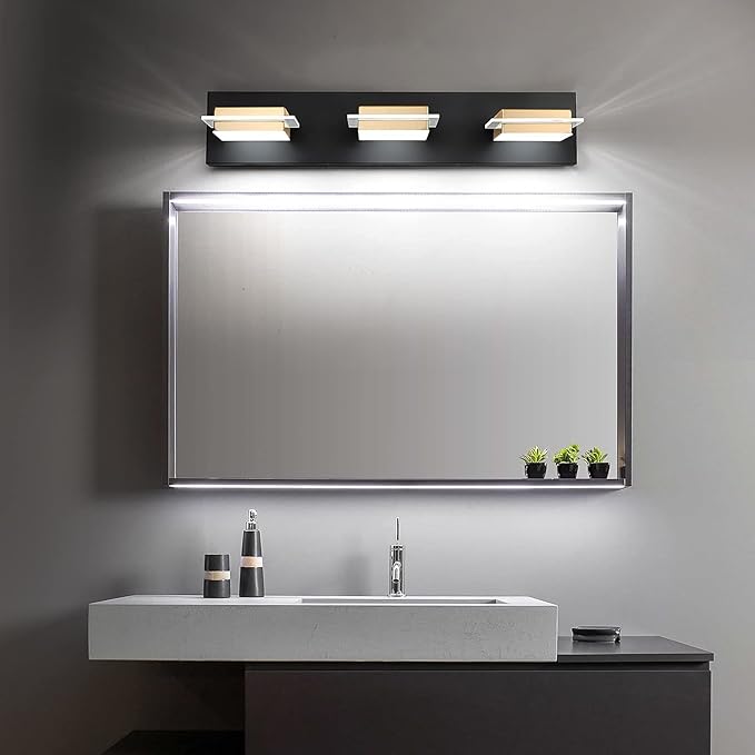 Bathroom Vanity Light Fixtures 3 Lights Dimmable LED Wall Sconce with Matte Black Finish Gold Metal Lampshade White Light 3000K-6000K,3 Color