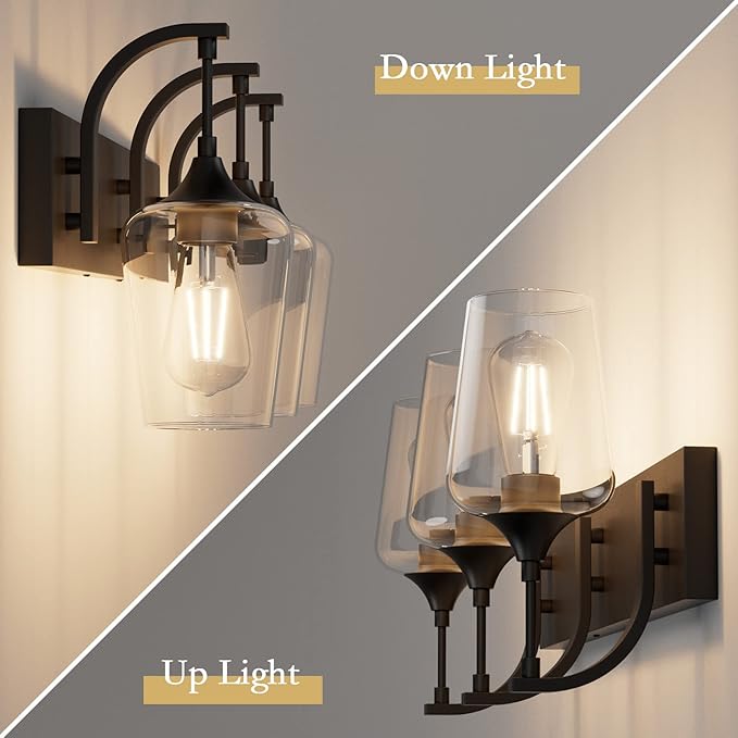 Ralbay Matte Black Vanity Light Fixtures 3-Lights Industrial Black Bathroom Vanity Light with Clear Glass Vintage Edison Bathroom Wall Lighting Fixtures