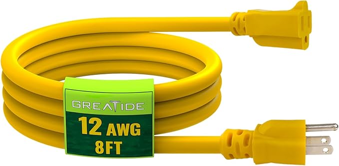 8 Ft Outdoor Extension Cord - 12/3 SJTW Heavy Duty Yellow Extension Cable with 3 Prong Grounded Plug - Power Cord for Lawn, Garden, Appliances