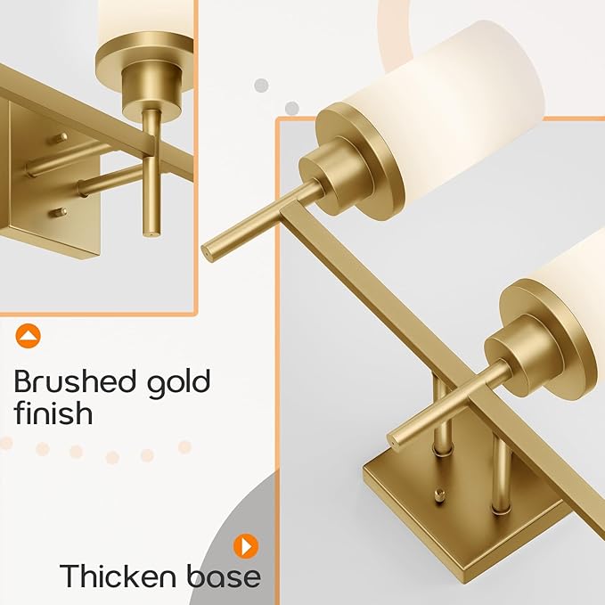 Bathrom Light Fixtures Modern Gold 3 Vanity Lights Over Mirror, Wall Lamps with White Frosted Glass Shade for Toilet Washroom Bath T001GD-L3