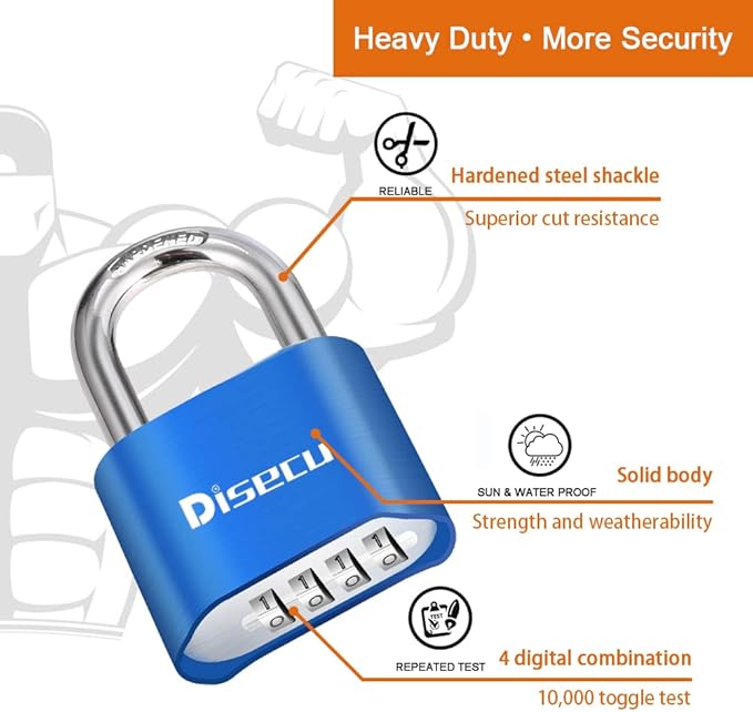 2 Pack disecu 4 Digit Combination Lock, Heavy Duty Outdoor Waterproof Padlock for School Gym Locker, Fence, Gate, Storage Unit, Toolbox (Blue)