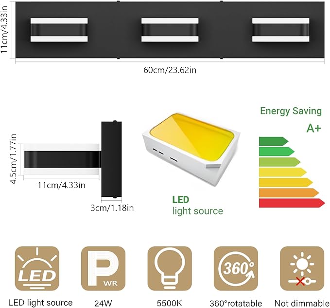 Tipace LED Modern Bathroom Vanity Light Fixtures (3-Light, 23.6-Inch), Acrylic Black Bathroom Wall Lighting Fixtures Over Mirror (Cool White 5500K) with Rotatable Vanity Lights Heads