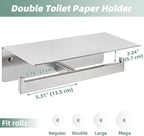 APLusee Double Toilet Paper Holder with Shelf, 304 Stainless Steel Brushed Nickel Bathroom Tissue Holder, Commercial Paper Roll Dispenser Wall Mounted