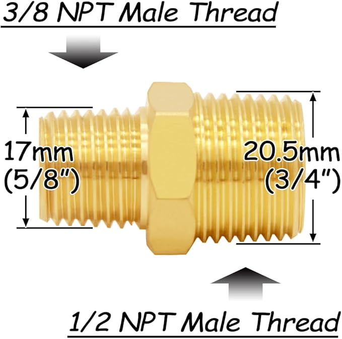 3PCS Brass Reducer Adapter, 3/8" NPT Male to 1/2" NPT Male Thread, Hex Reducing Pipe Fitting Coupler Nipple Connector for Water/Oil/Gas