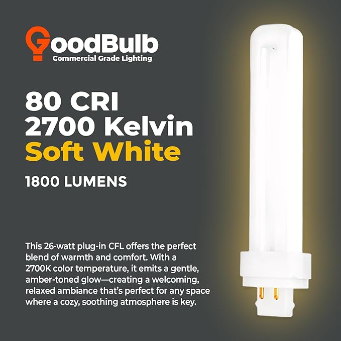 GoodBulb 26 Watt CFL Light Bulbs 4 Pin G24Q-3 Base 2700K Soft White 26W High Output 1800 Lumens Double Tube Compact Fluorescent Light Bulbs Plug-in 10 Pack