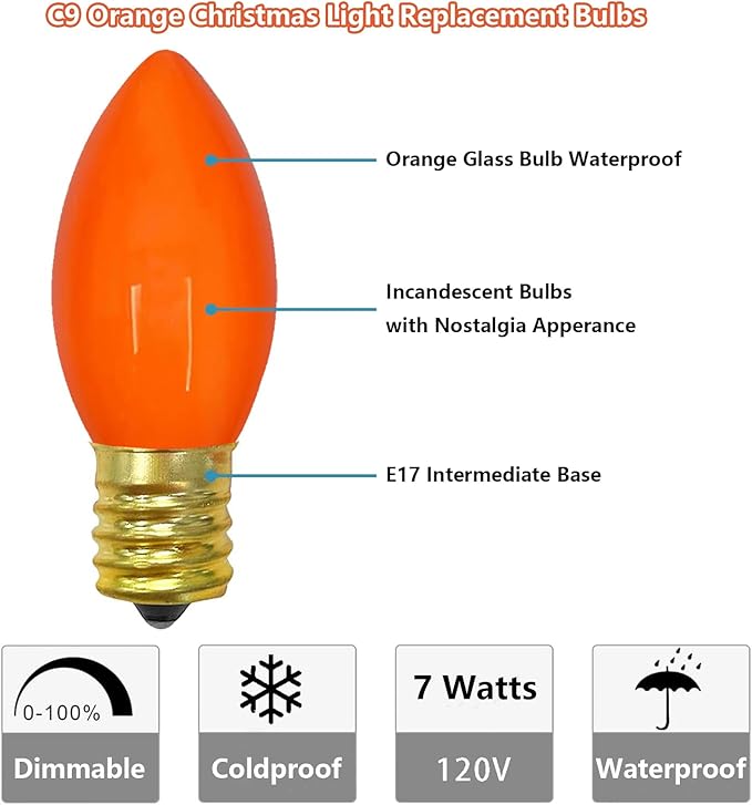 C9 Orange Replacement Light Bulbs, 25 Pack Halloween Ceramic Orange Bulb Christmas Light Bulbs for Outdoor Patio String Lights Halloween Decorations Party Yard Decor, E17 Intermediate Base- 7 Watts