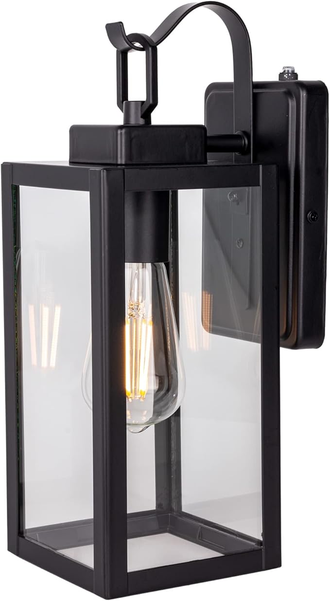 LIT-PaTH Dusk to Dawn Outdoor Wall Lantern, Wall Sconce as Porch Lighting Fixture, E26 Medium Base Max 60W, Anti-Rust Metal with Glass Shade, Black, 1-Pack