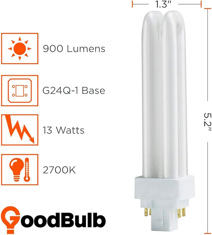 GoodBulb 13 Watt CFL Light Bulbs | 4 Pin G24Q-1 Base 2700K Soft White | 13W High Output 900 Lumens | Double Tube Compact Fluorescent Light Bulbs Plug-in | 10 Pack