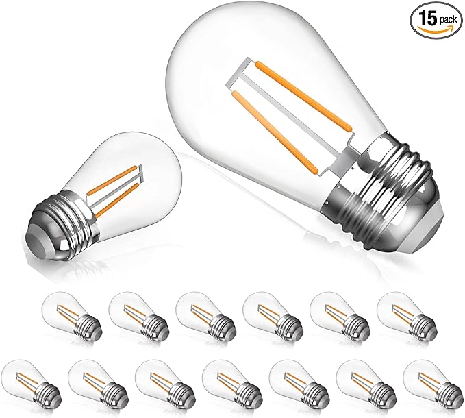 15 Pack Replacement Bulbs for String Lights, 2W S14 Shatterproof Waterproof LED Outdoor Light Bulbs, 2700K Soft White, E26 Base, AC120V, Not Dimmable