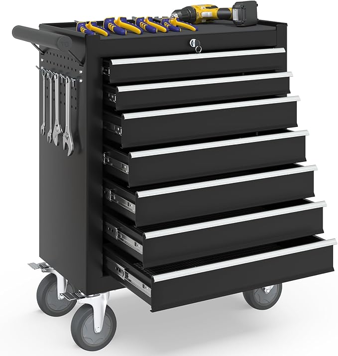 7-Drawer Rolling Tool Chest with Wheels, Tool Box with Locking System and Sliding Drawers, Heavy Duty Tool Box Organizer for Garage, Warehouse, Workshop (Black)