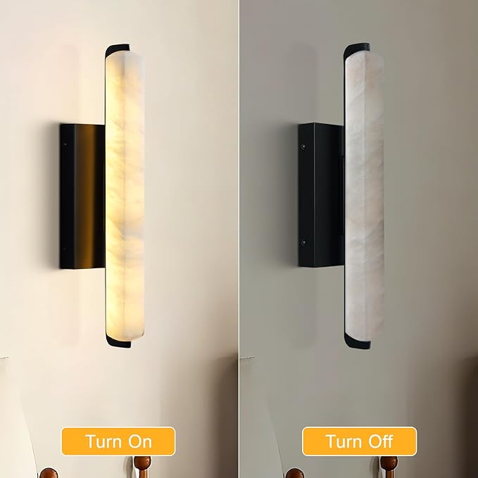 Alabaster Wall Sconces Set of Two, 15in Black Alabaster Sconce, Modern Spanish Natural Marble Sconces Lights, Rectangle Sconces for Bathroom Vanity Bedroom Living Room Staircases Hallway