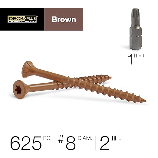 Deck Plus 2 Inch Epoxy Coated Exterior Wood and Fence Screws #8 x 2 Torx/Star Drive Included Coarse Thread, Outdoor Rust Resistant Decking Screw, Brown, 5lb Box, 625 Pieces | 49005