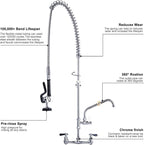 47" Height Commercial Kitchen Sink Faucet with Pre-Rinse Sprayer, 8 Inch Wall Mount Center Sink Faucet with Pull Down Spray Unit, Compartment Sink Faucet with 10" Swivel Spout for Restaurant