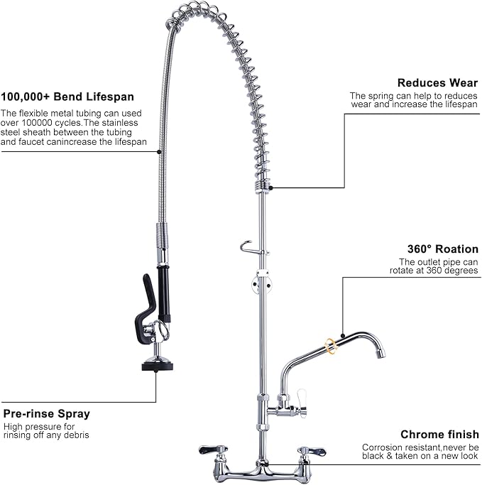 47" Height Commercial Kitchen Sink Faucet with Pre-Rinse Sprayer, 8 Inch Wall Mount Center Sink Faucet with Pull Down Spray Unit, Compartment Sink Faucet with 10" Swivel Spout for Restaurant