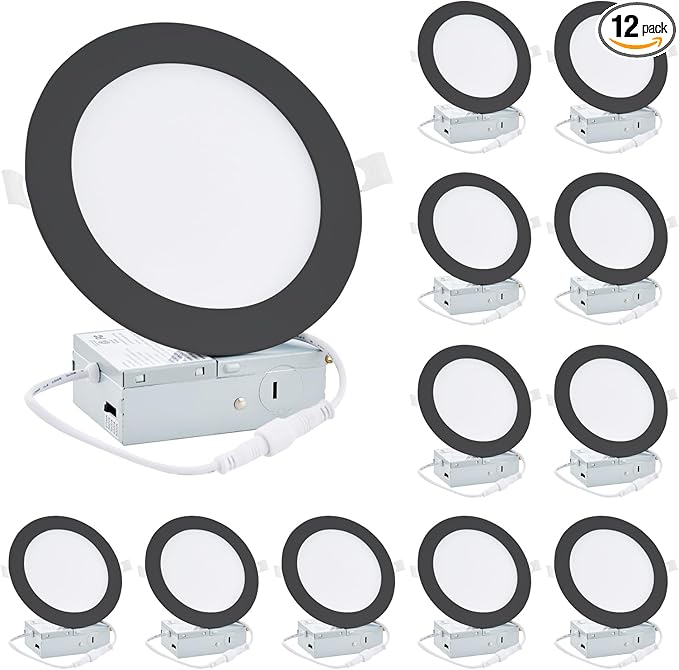 12 Pack 6 Inch Black LED Recessed Light, Dimmable, Ultra-Thin Canless Wafer Light, 5CCT 2700K-5000K, Daylight, 1100LM High Brightness, 12W, 120V, ETL FCC